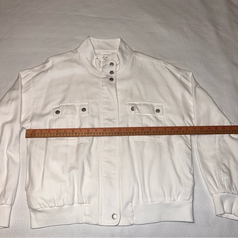 White Bomber Jacket Size Large 100% Cotton Snap Front Utility - Picture 5 of 9